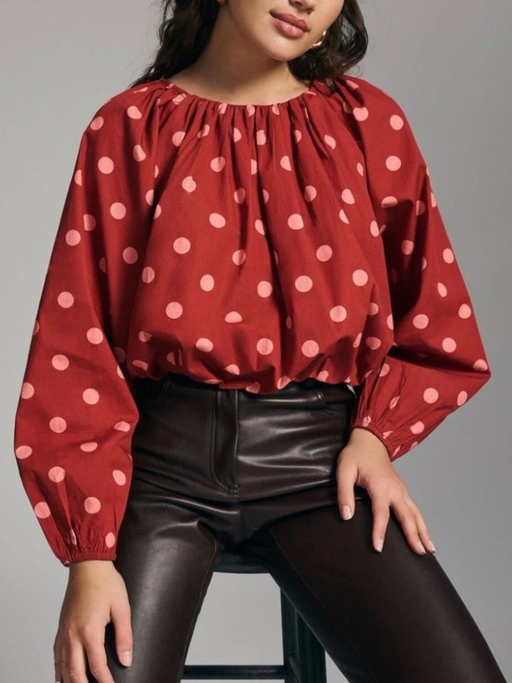 Maeve Red Polka Dot Long-Sleeve Crop Top